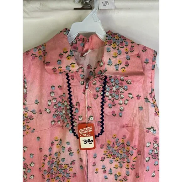 Deadstock Vintage 60s Garden Floral Dagger Collar Zip House Dress - Picture 2 of 8